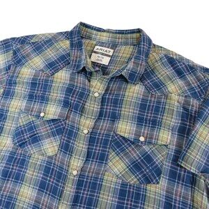 Ariat Mens Short Sleeve Pearl Snap Shirt 2XL Retro Fit Blue Green Plaid Cotton